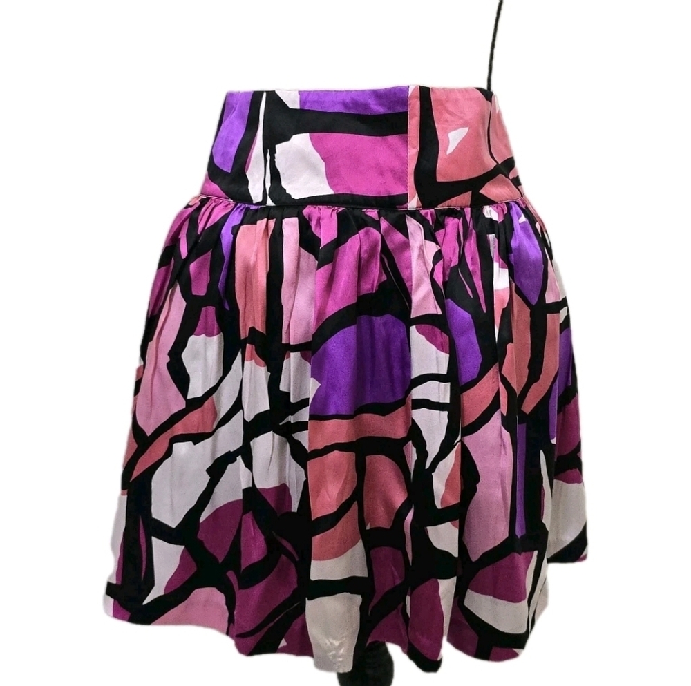 KENSIE size 2 Silk Satin Pleated Skater Skirt Colorful‎ Short Lined Zip